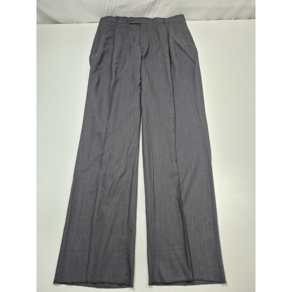 Dress Pants Mens 37x36 Gray Wool Pleated Straight Classic Striped Unhemmed